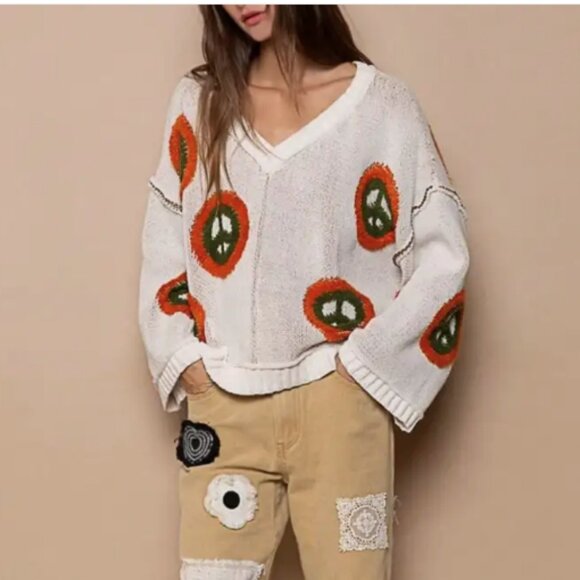 POL CHENILLE PEACE SIGN V-NECK BOXY SWEATER - Picture 1 of 8